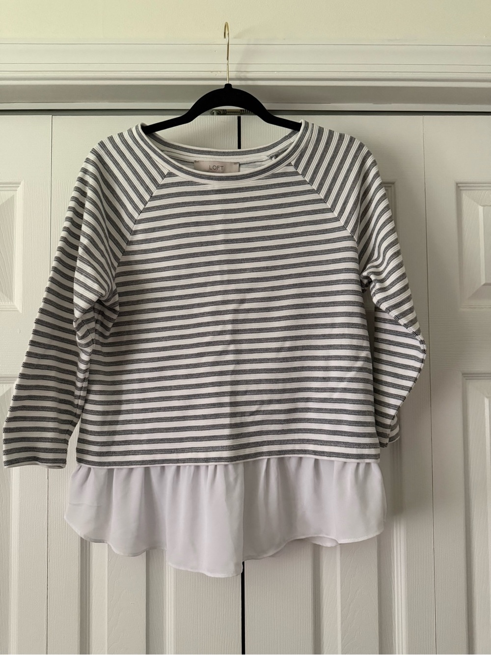 LOFT Gray & White Striped Ruffle-Hem Pullover